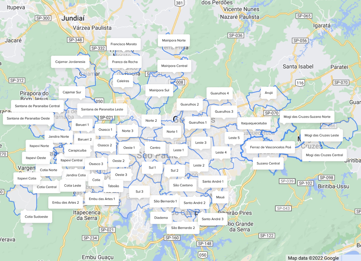 Mapa da região de atendimento Flex em São Paulo e Grande São Paulo